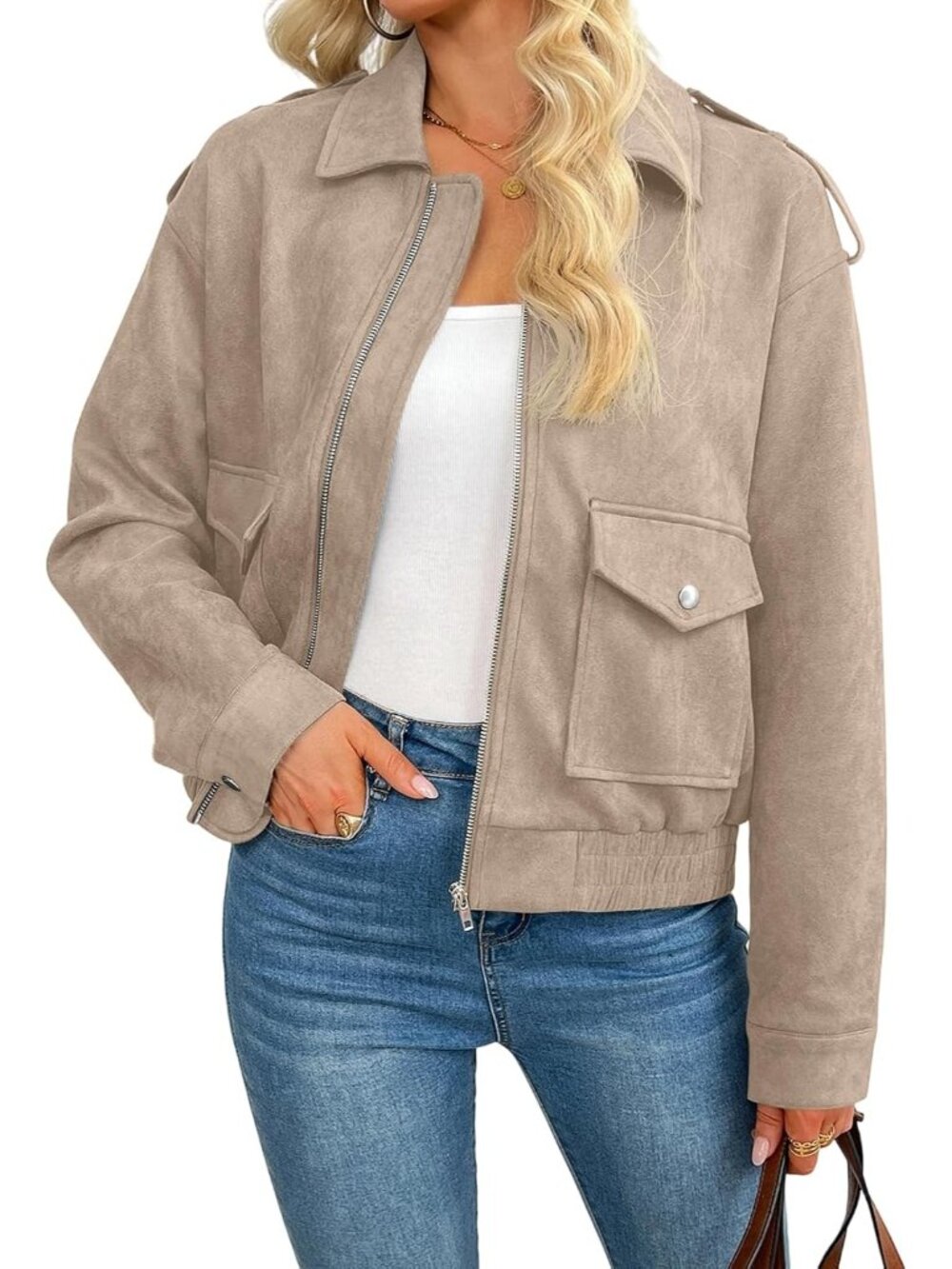 Women's Gray Morn Faux Suede ZIP Up Loose Fit Casual Fall Outerwear Coat Jacket